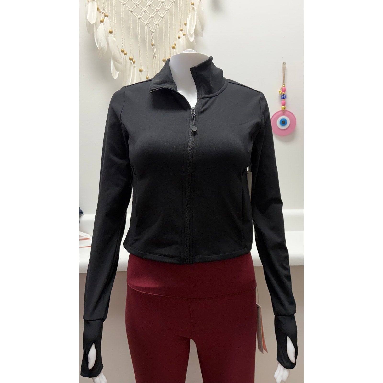 98$ AQUA Full Zip Up Athletic Cropped Jacket Mock Neck Women's XS  Black